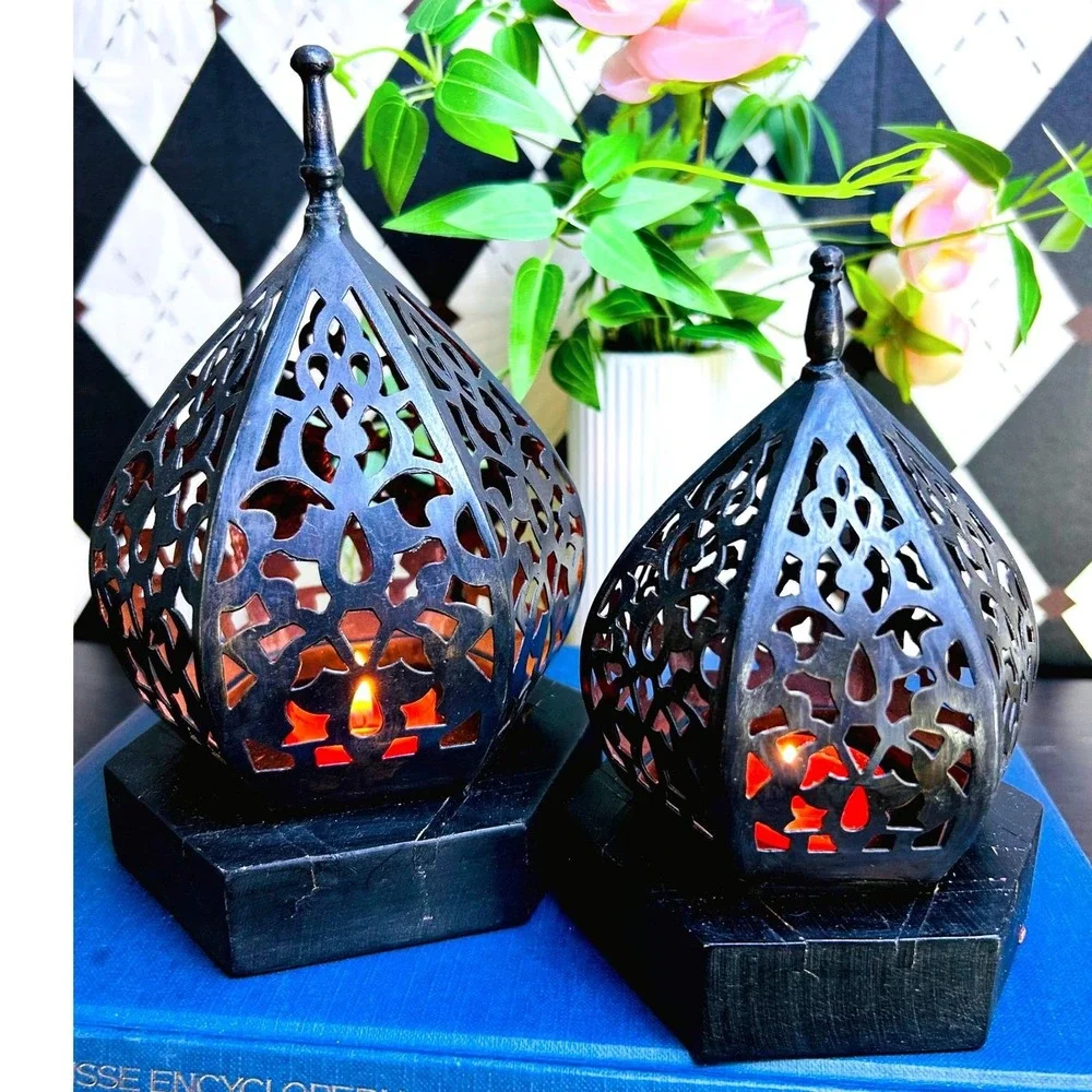 Moroccan Lantern Candleholders Black‎ Pierced Metal Decor Pair